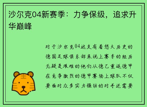 沙尔克04新赛季：力争保级，追求升华巅峰